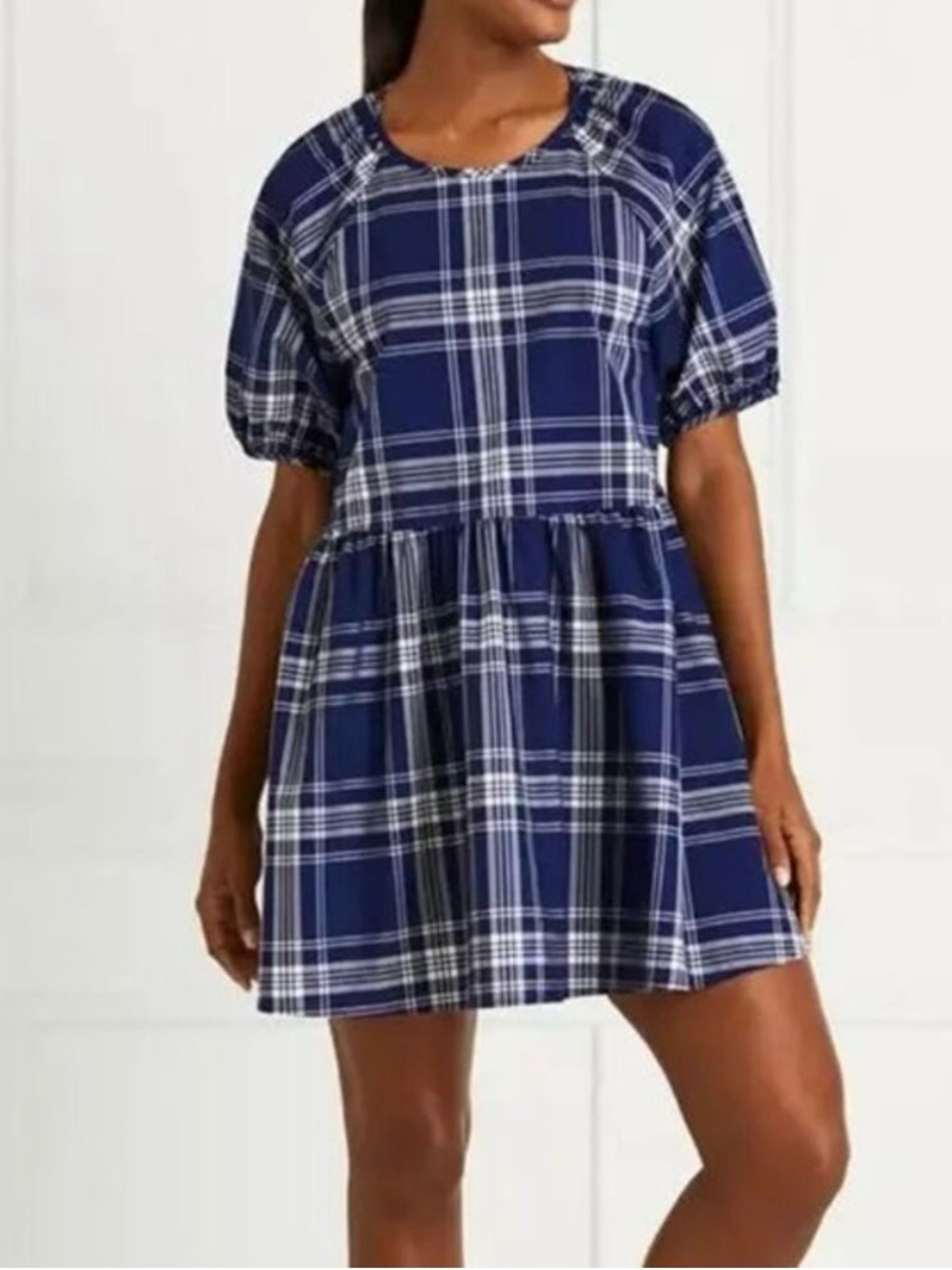 Hill House Navy and White Plaid Short Sleeve Mini Dress